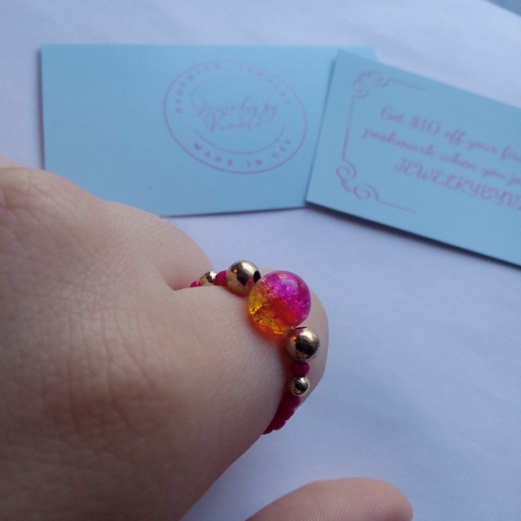 Hand Crafted Jewelry - Hand Crafted Pink and Gold Beaded Stretch Ring 6,7,8